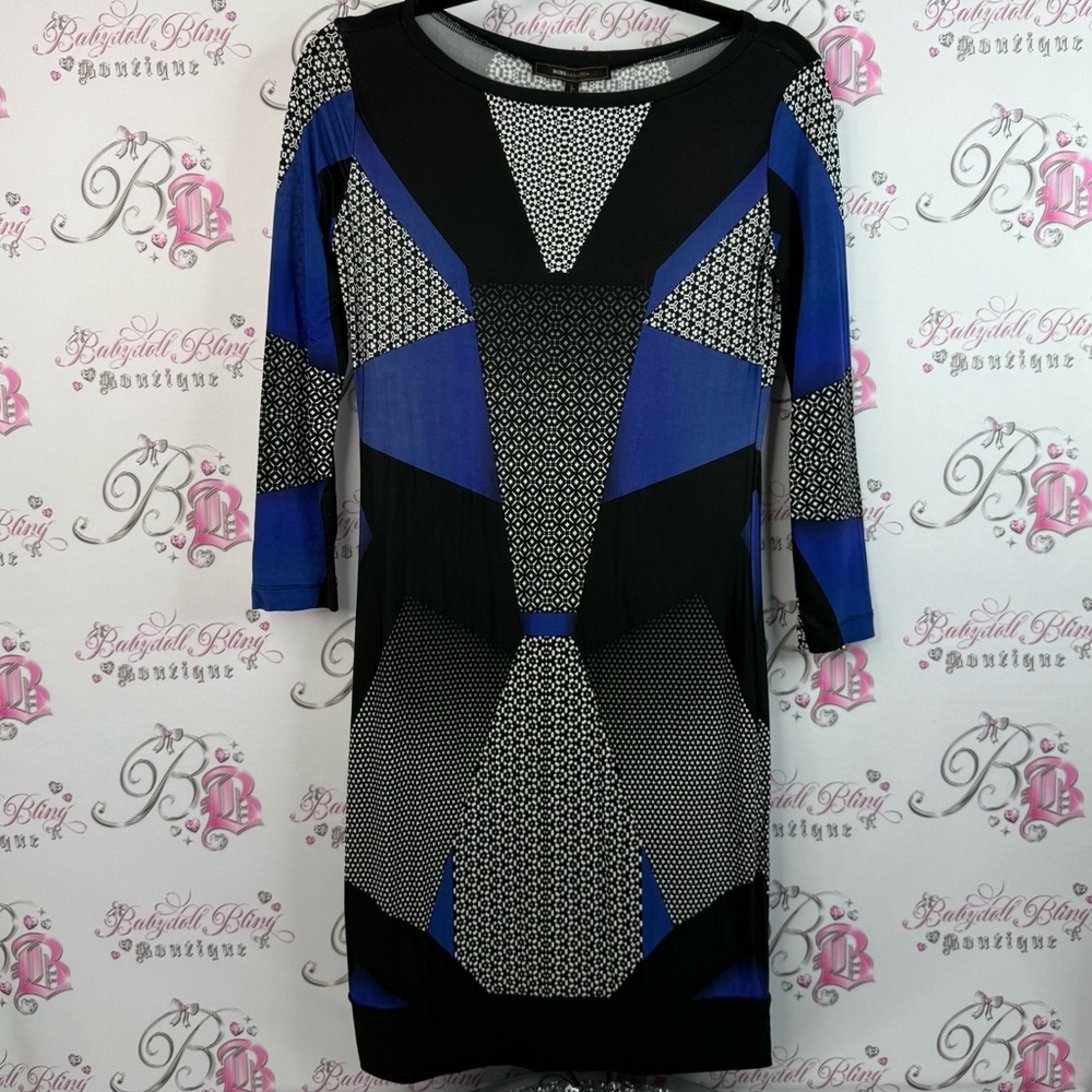 BCBGMaxAzria dress geometric white grey Blue and Black Long Sleeve Dress